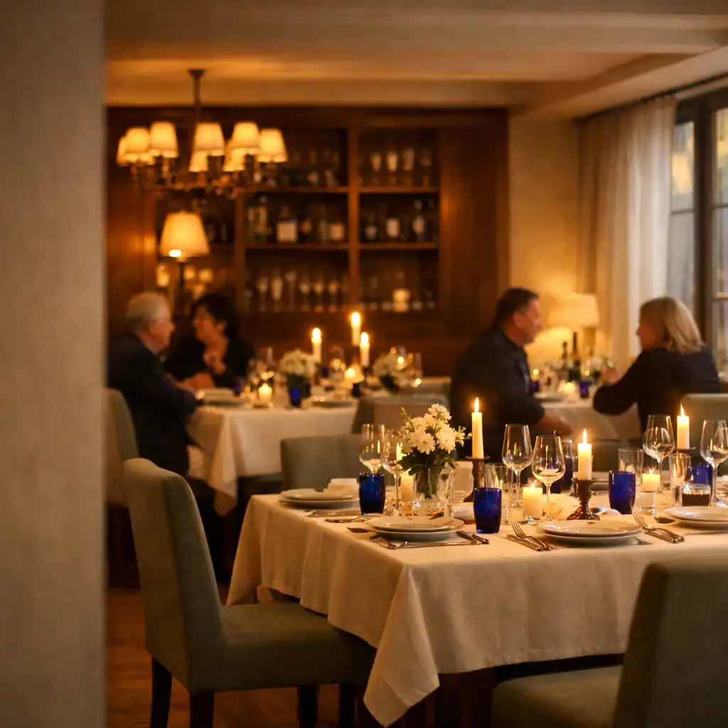 Eleganckie wnętrze restauracji przygotowane na kameralne spotkanie wieczorne.
