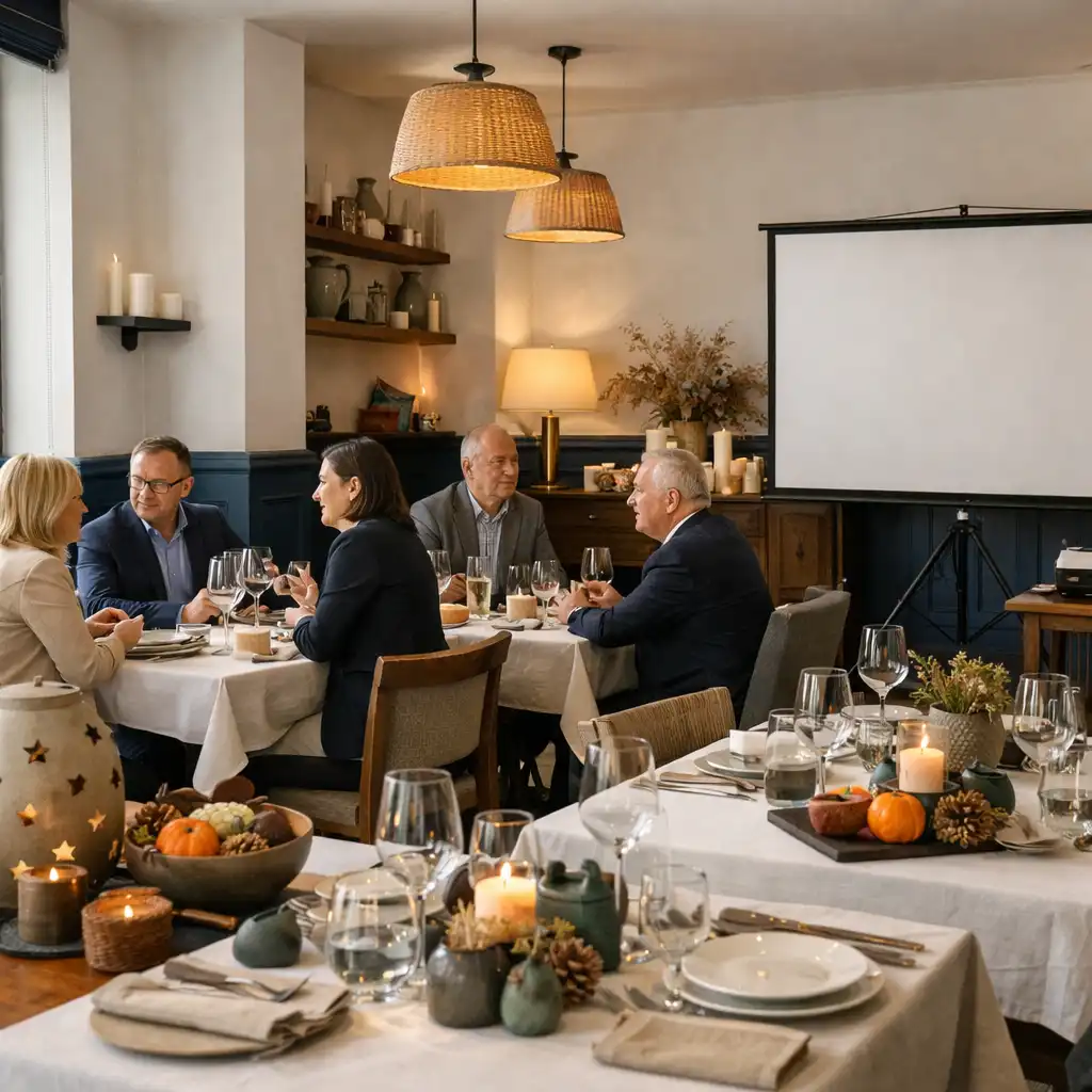 Kameralne spotkanie firmowe przy przygotowanych stołach w restauracji