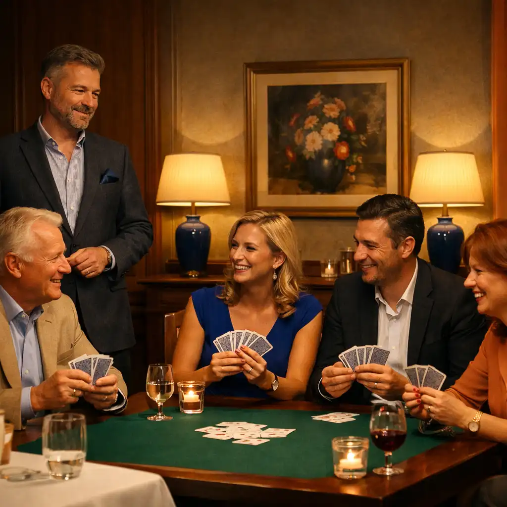 Gospodarz prowadzący rekreacyjny wieczór kartowy przy stole w eleganckiej restauracji