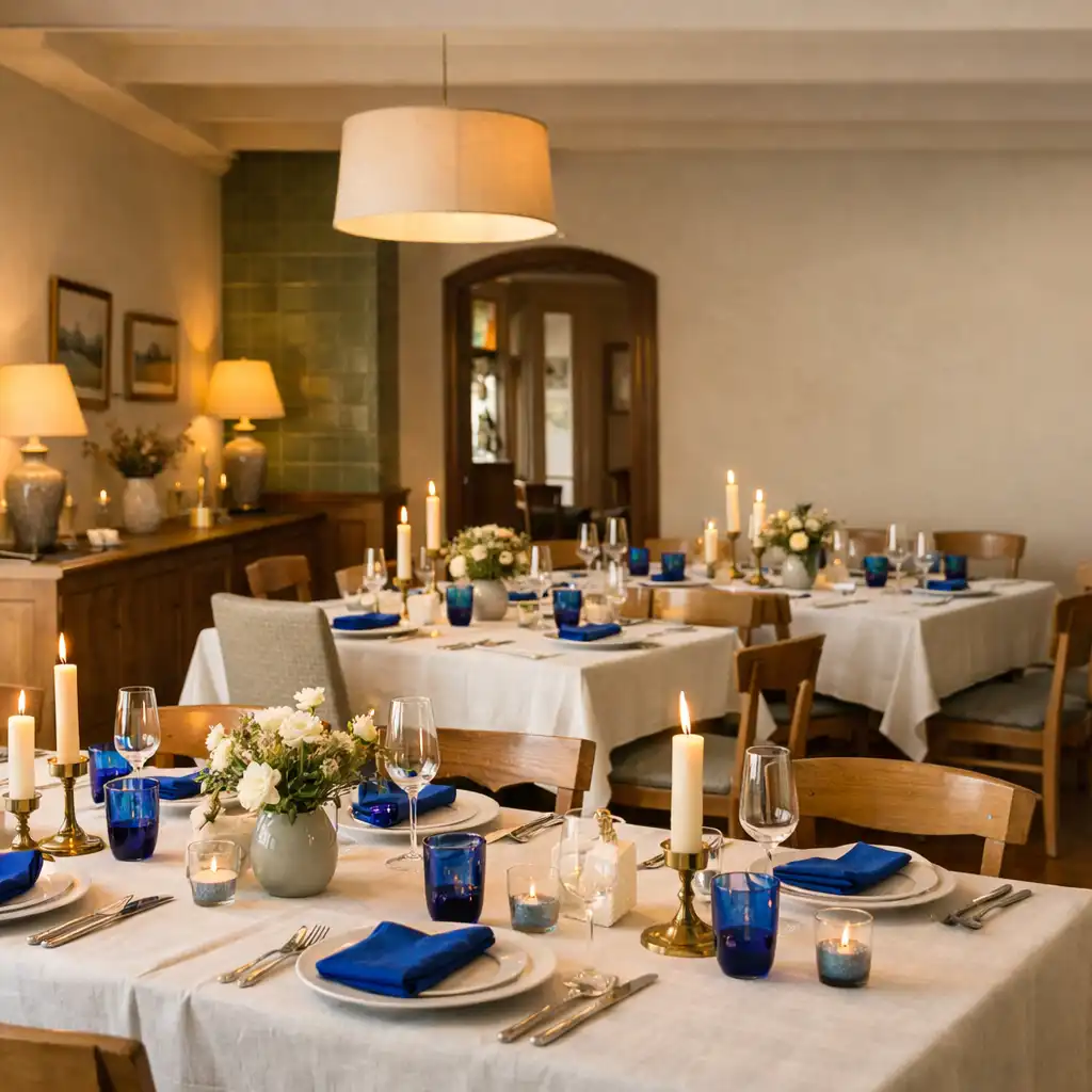 Przygotowane stoły w kameralnym wnętrzu restauracji GDenes Consultancy Korlátolt Felelősségű Társaság