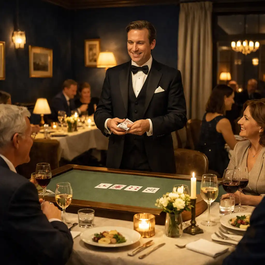 Prowadzący przy stole z kartami podczas eleganckiego teatralnego wieczoru w restauracji
