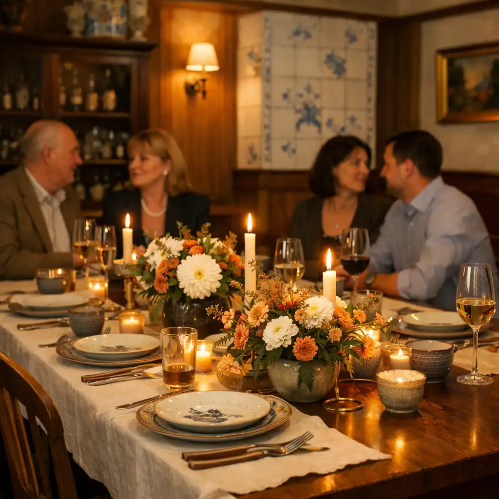 Kameralna prywatna celebracja przy długim stole w eleganckiej restauracji