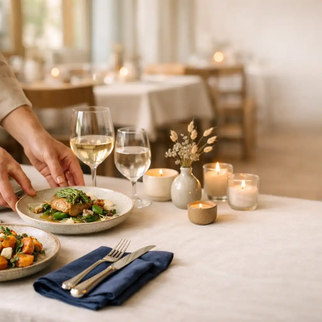 Nakryty stół eventowy z sezonowymi daniami i dłońmi gospodarza w restauracji GDenes Consultancy Korlátolt Felelősségű Társaság